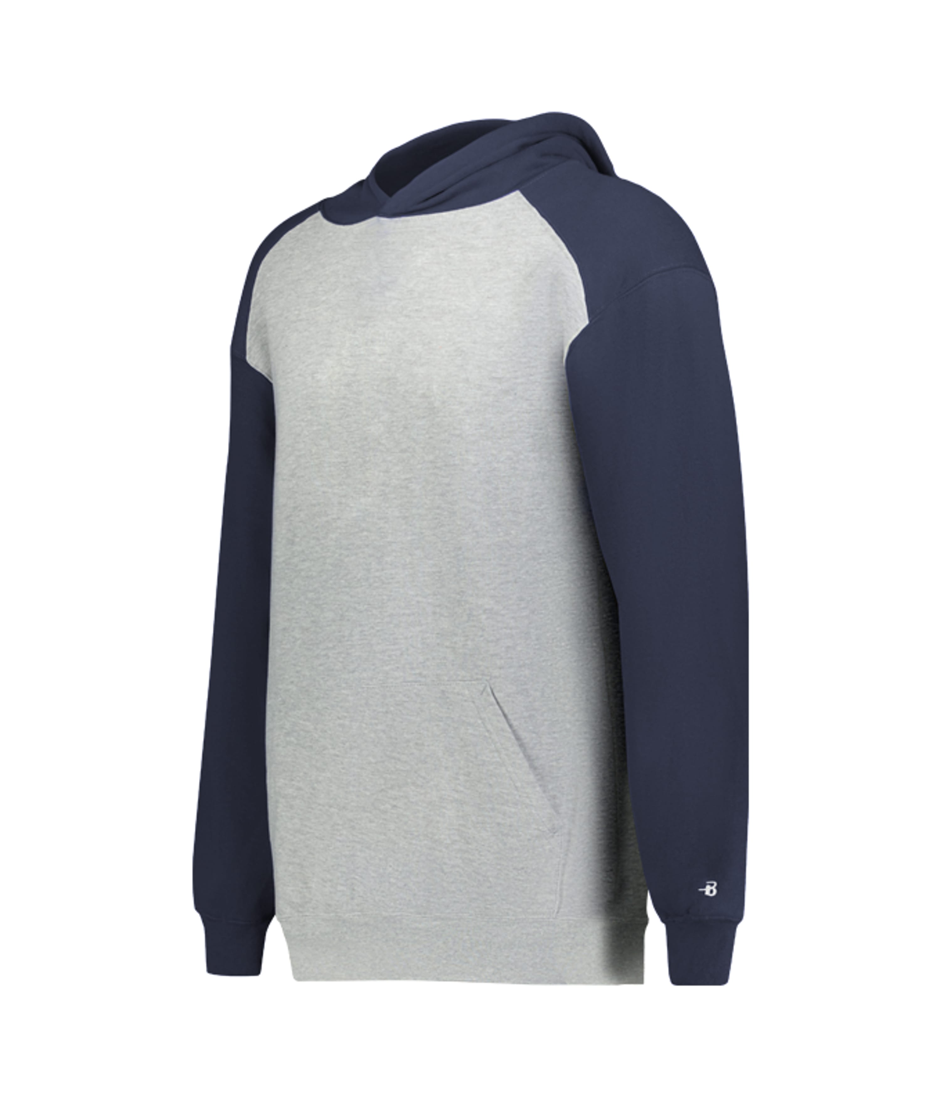 Hoodie with gray body and navy sleeves on a white background