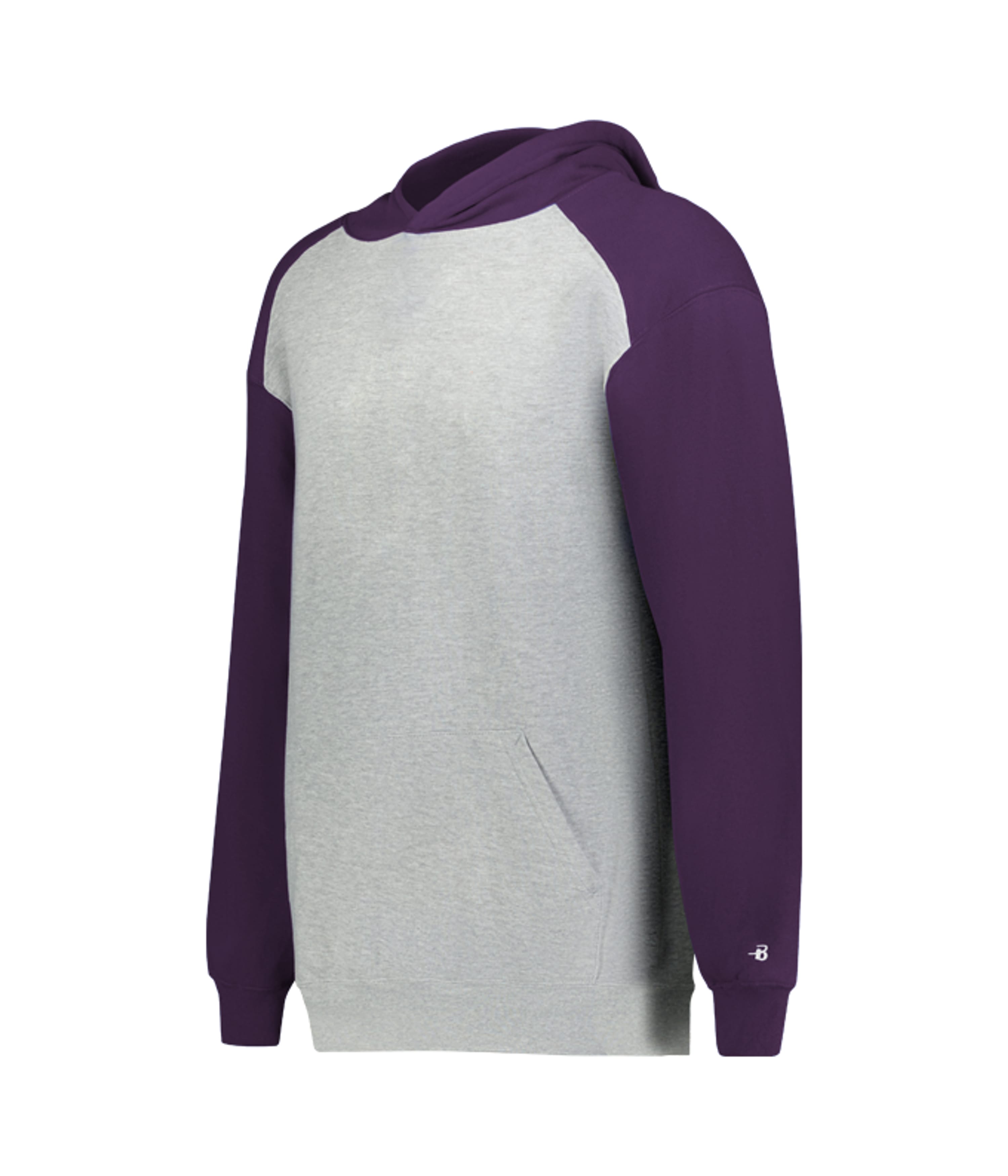 Hoodie with purple sleeves and gray body on a white background