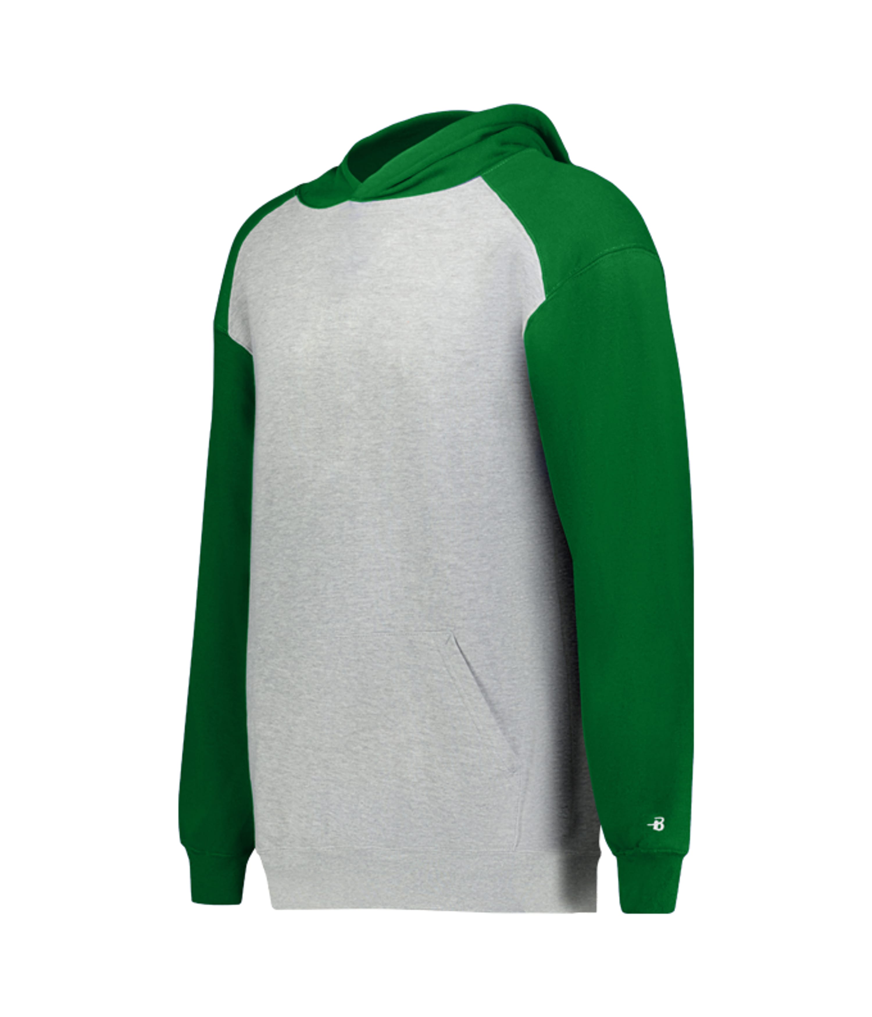 Hoodie with green sleeves and gray body on a white background