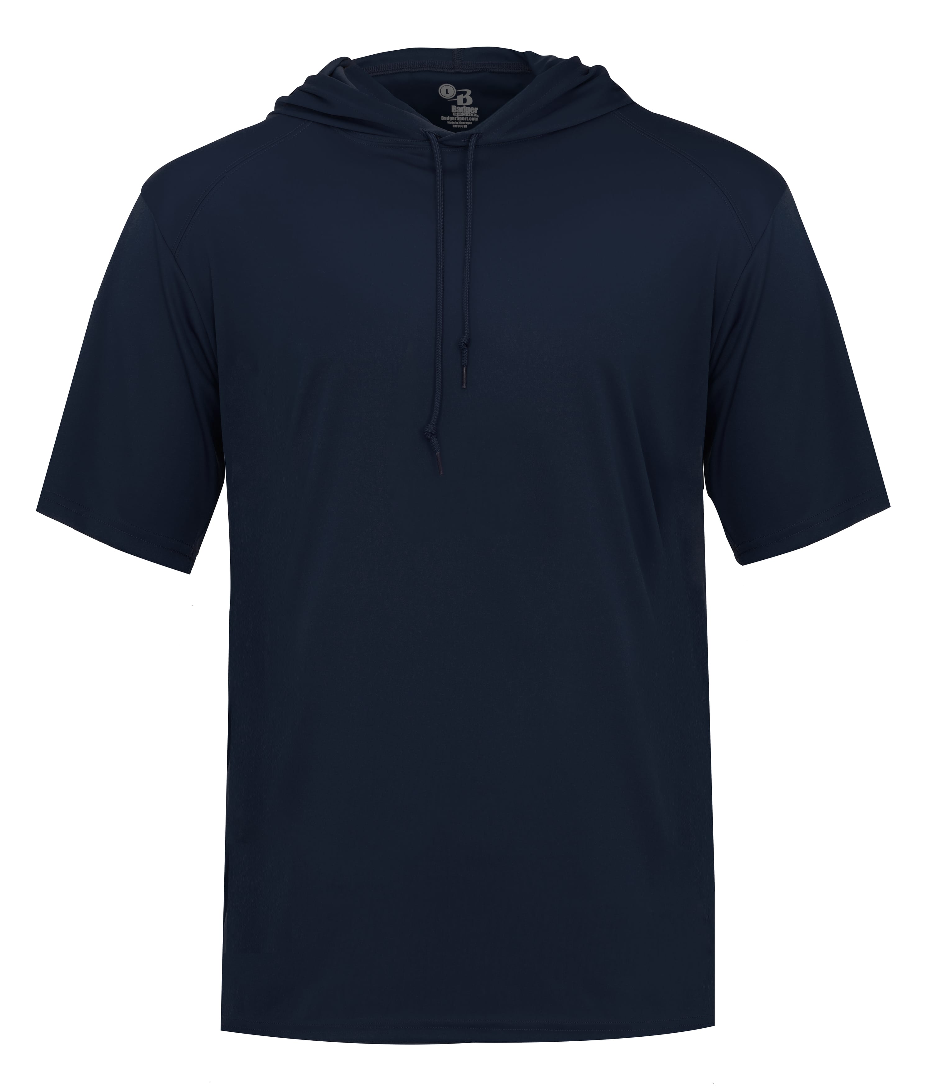 Navy blue hoodie with a front pocket on a white background