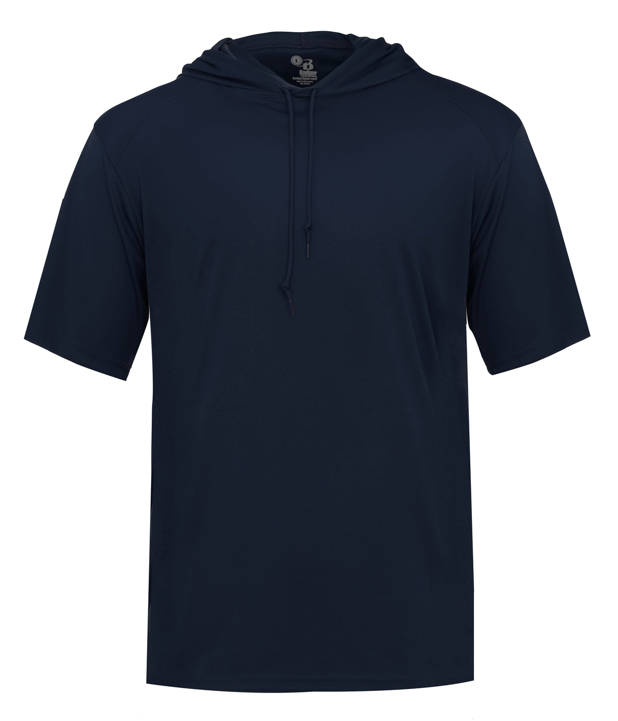 Navy blue hoodie with a front pocket on a white background