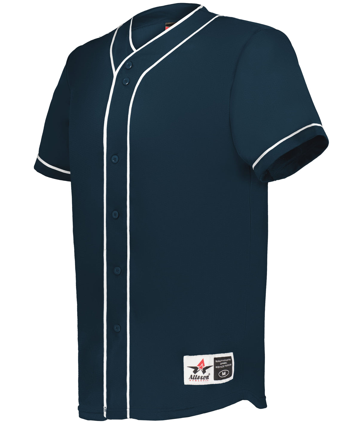 Navy blue baseball jersey with white accents on a white background
