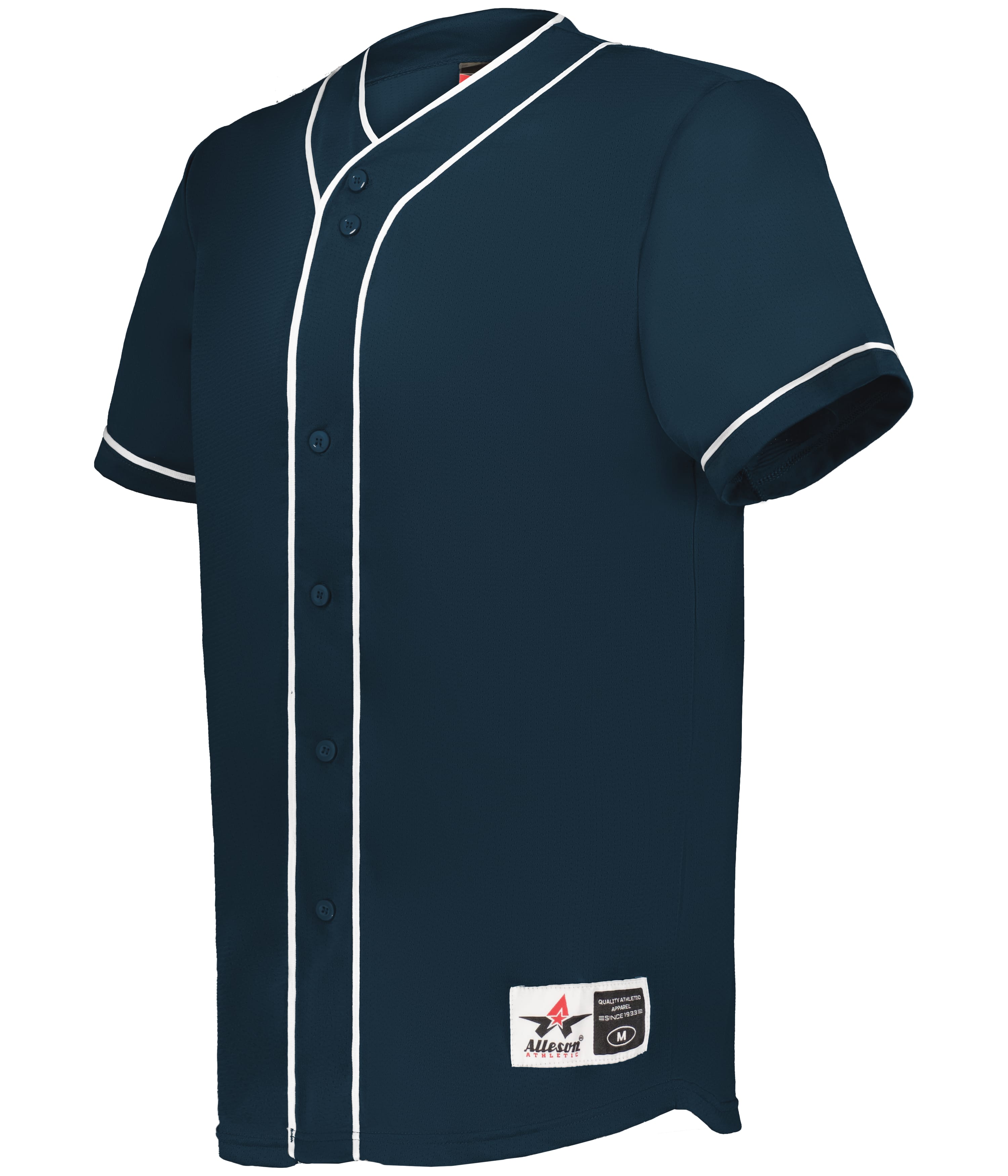 Navy blue baseball jersey with white accents on a white background