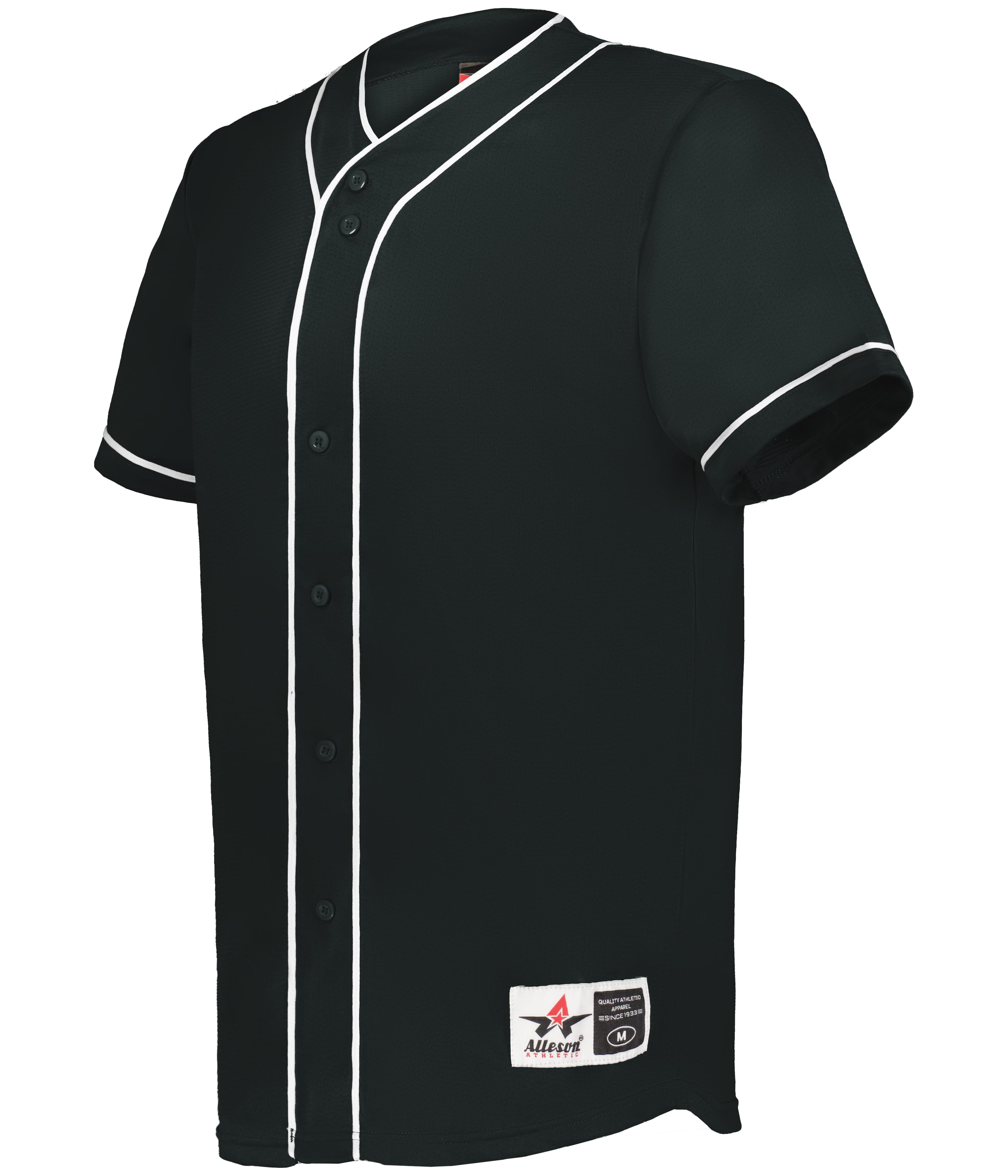 Black baseball jersey with white accents on a white background