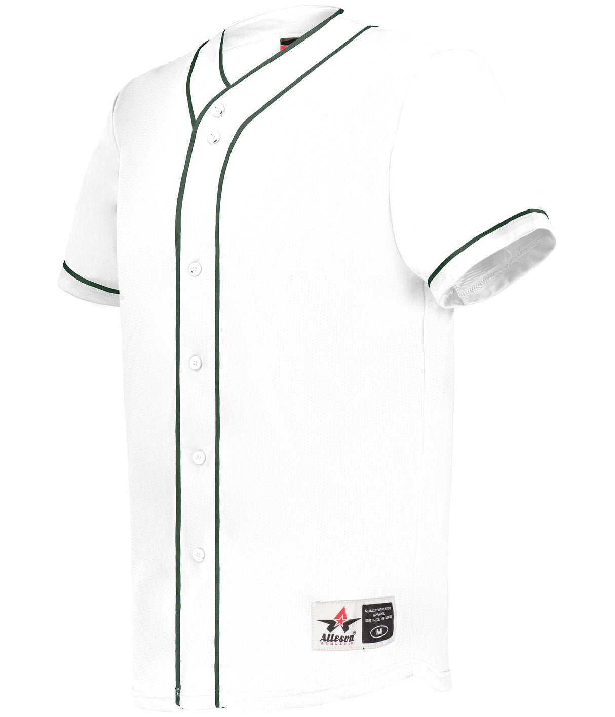 White baseball jersey with black accents on a white background
