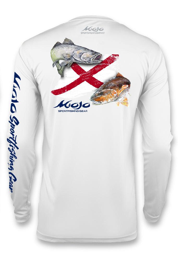 A white long-sleeved fishing shirt with a graphic of a redfish and the name 'Mojo' on the chest.