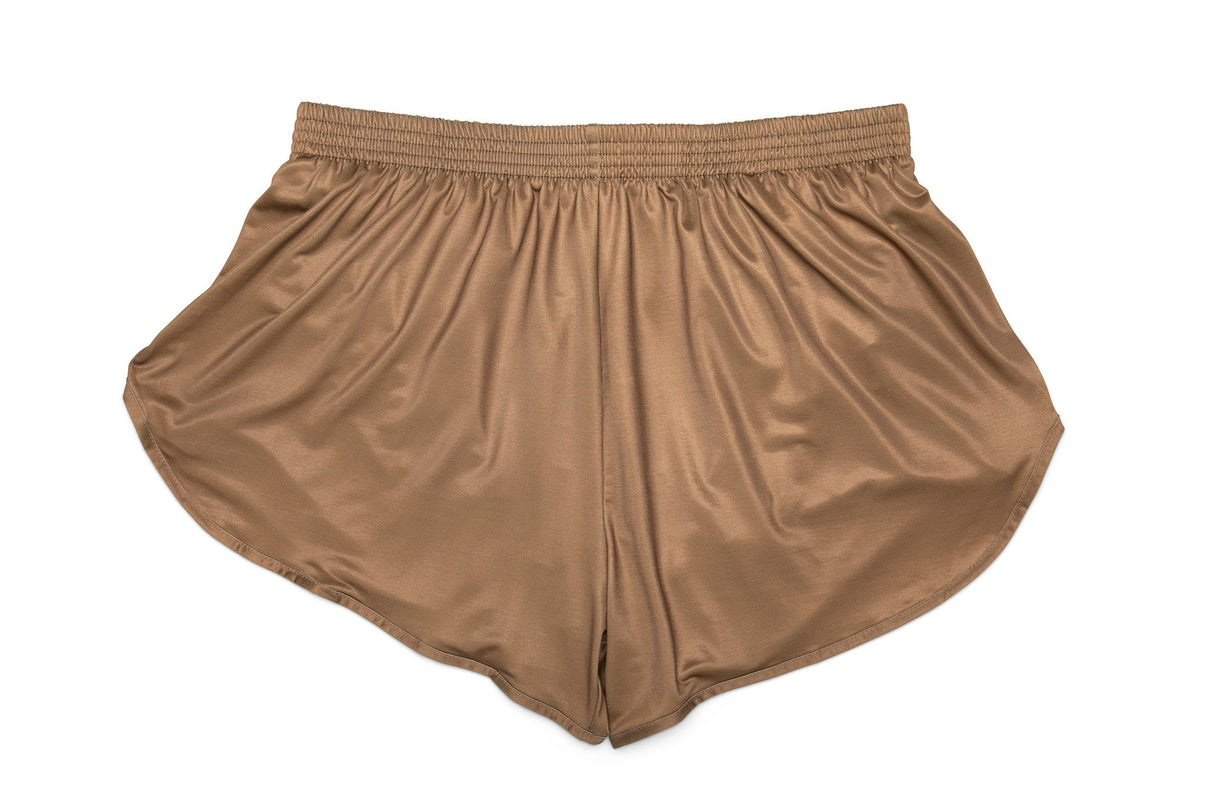 Brown satin shorts on a white background