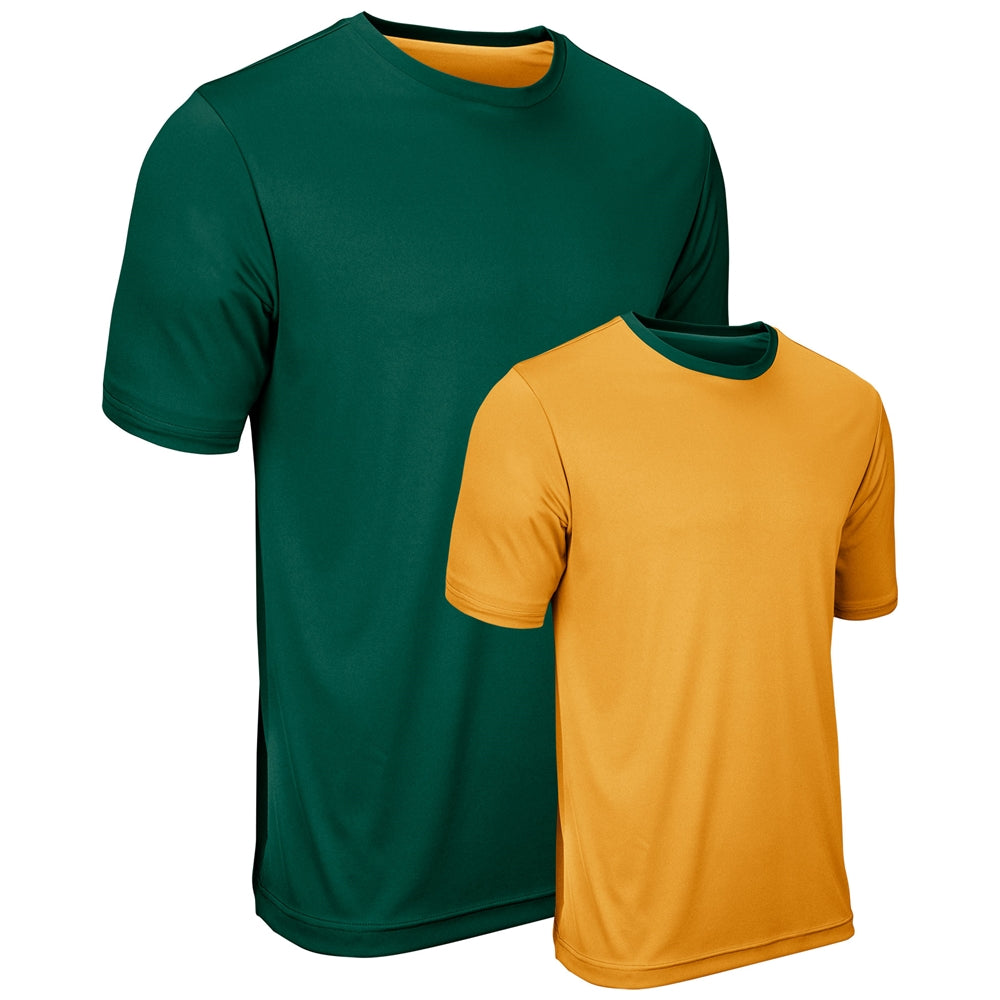 A foreest green and gold reversible t-shirt with short sleeves and a crew neck collar.