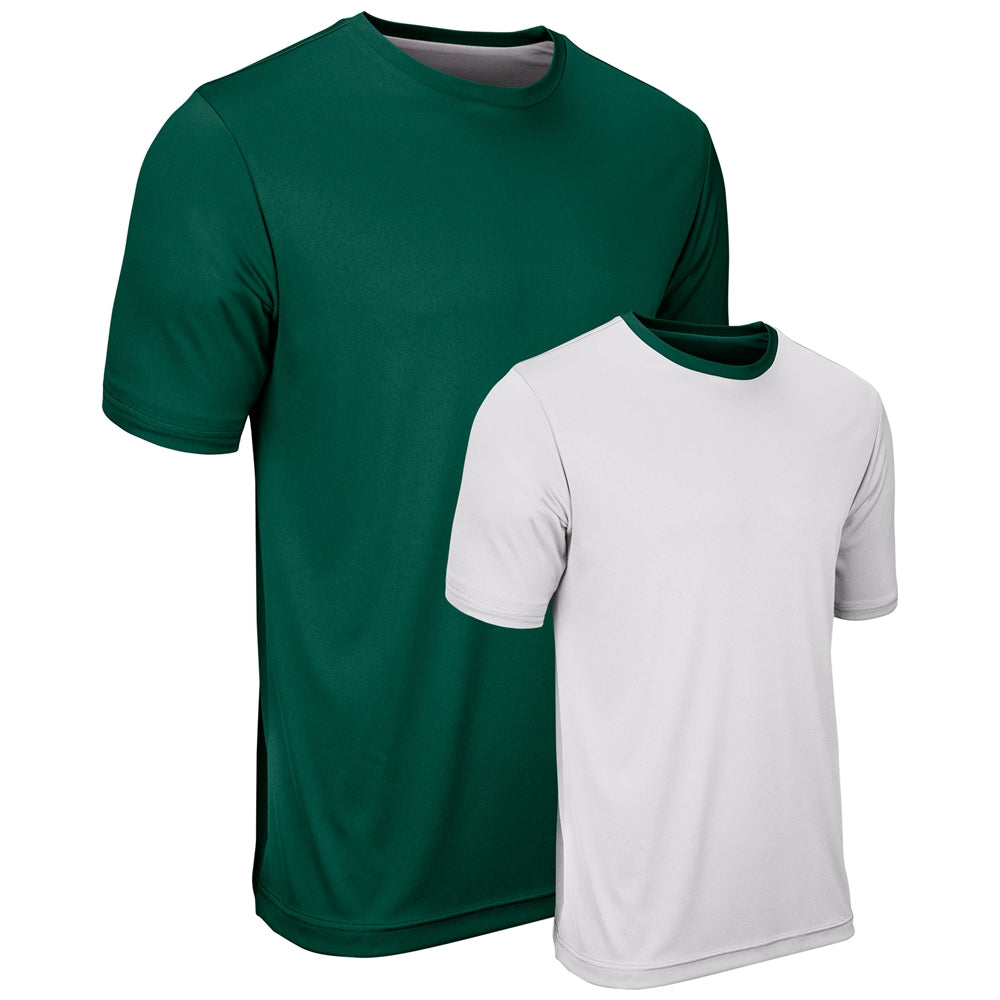 A forest green and white reversible t-shirt with short sleeves and a crew neck collar.