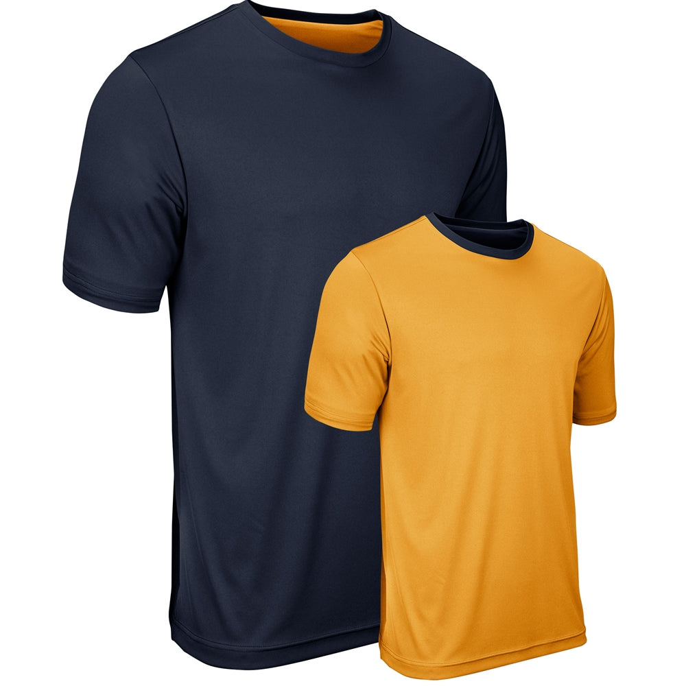 A navy and gold reversible t-shirt with short sleeves and a crew neck collar.