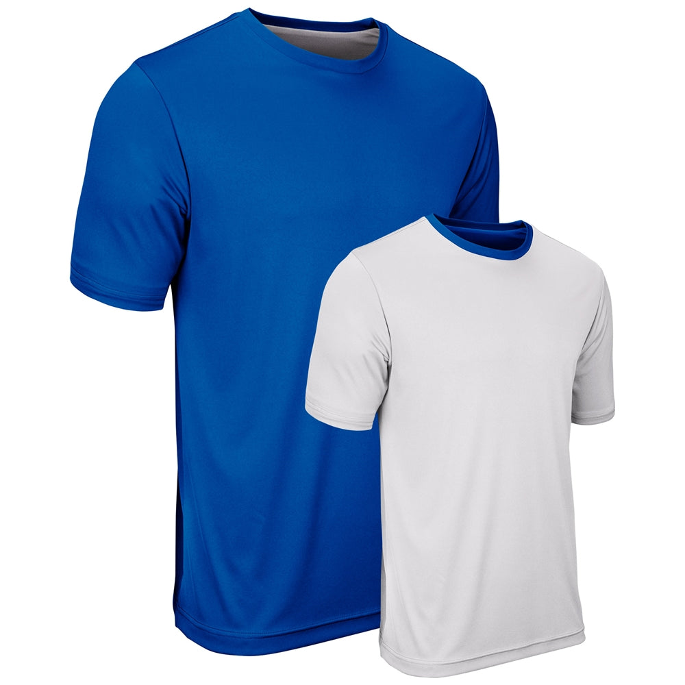 A royal and white reversible t-shirt with short sleeves and a crew neck collar.