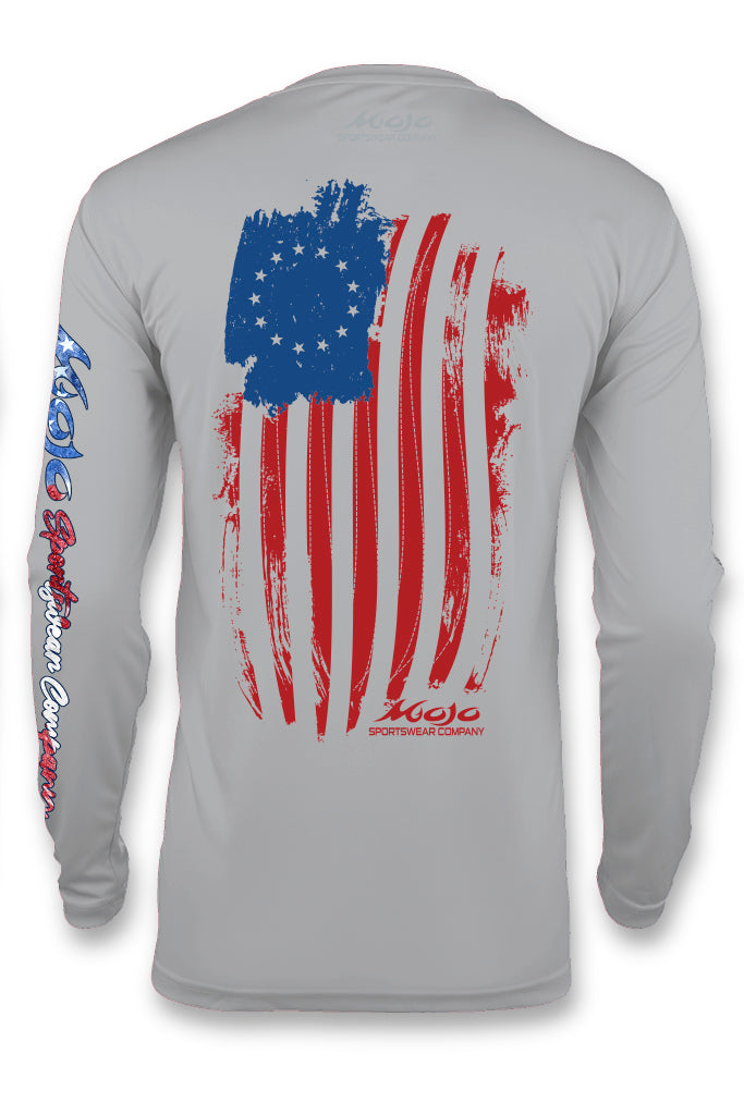 Long-sleeved gray t-shirt with a graphic print of the Betsy Ross flag in red, white, and blue on the back.