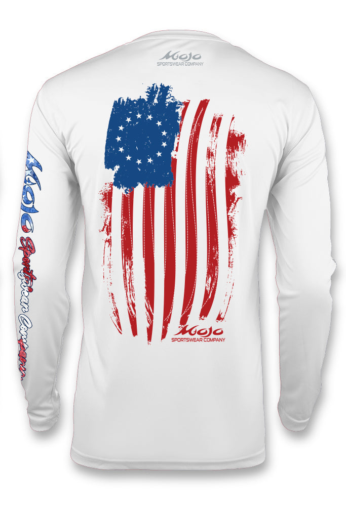 Long-sleeved white t-shirt with a graphic print of the Betsy Ross flag in red, white, and blue on the back.