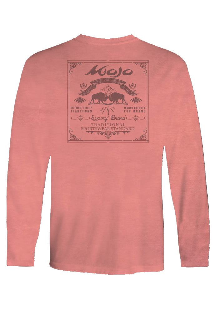 A long sleeve salmon t-shirt with a center back logo and a graphic design on the front.