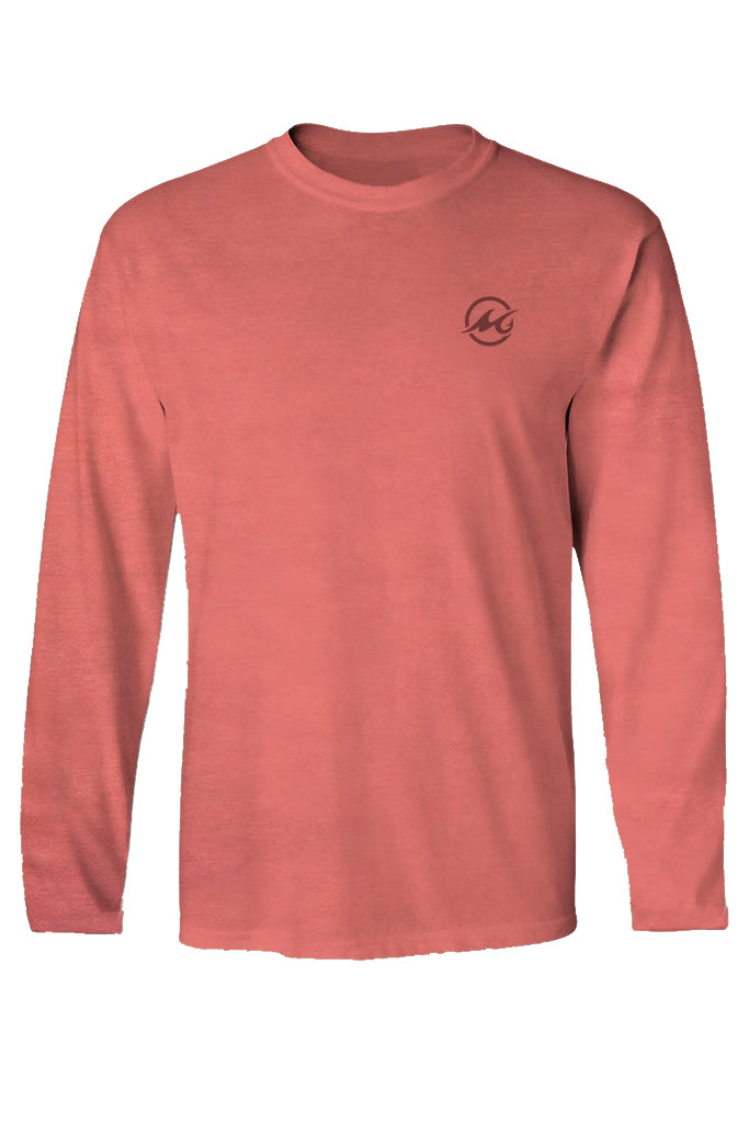 A long sleeve salmon t-shirt with a center back logo and a graphic design on the front.