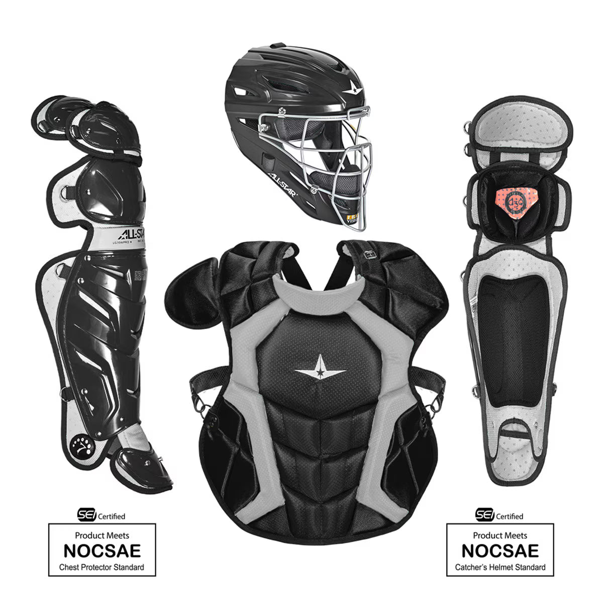 Collection of catcher's protective gear including helmet, chest protector, and shin guards on a white background.