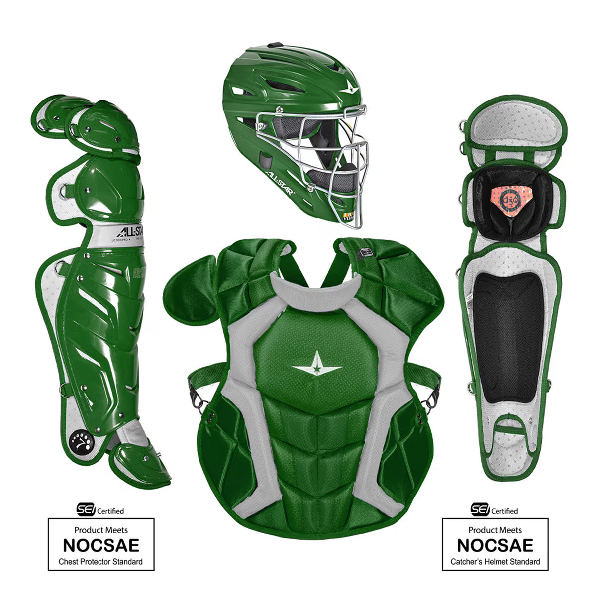 Green catcher's equipment including helmet, chest protector, and leg guards on a white background