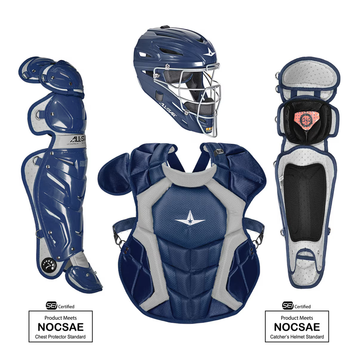 Collection of blue and gray catcher's equipment including helmet, chest protector, and shin guards on a white background.