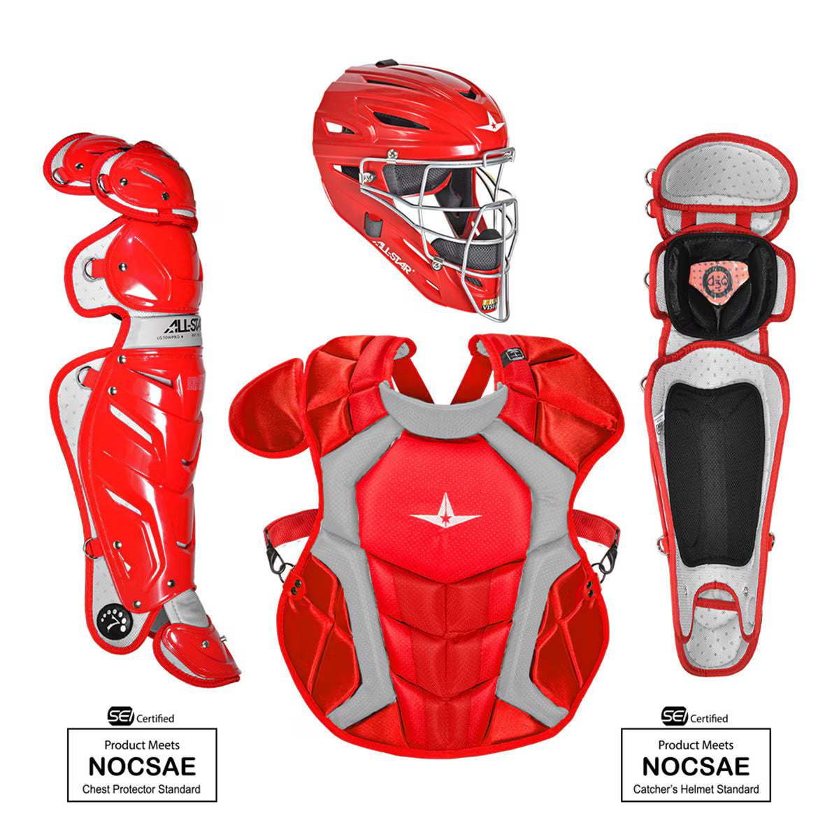 Red baseball catcher's gear including helmet, chest protector, and leg guards on a white background.