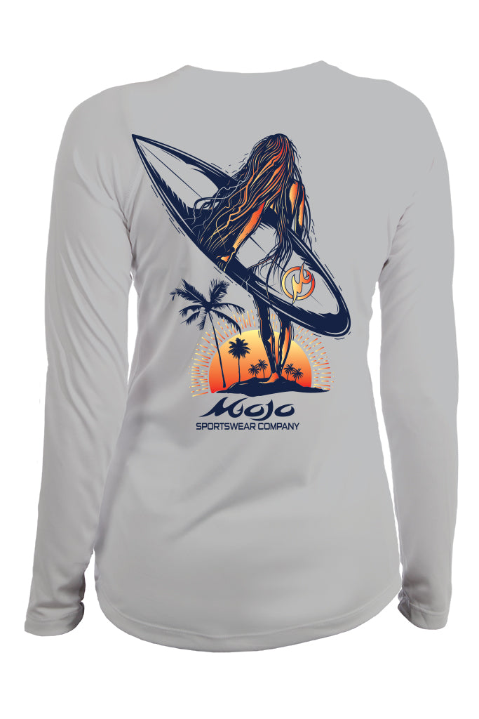 A grey long-sleeved performance shirt with a graphic print of a surfer and palm trees on the back.