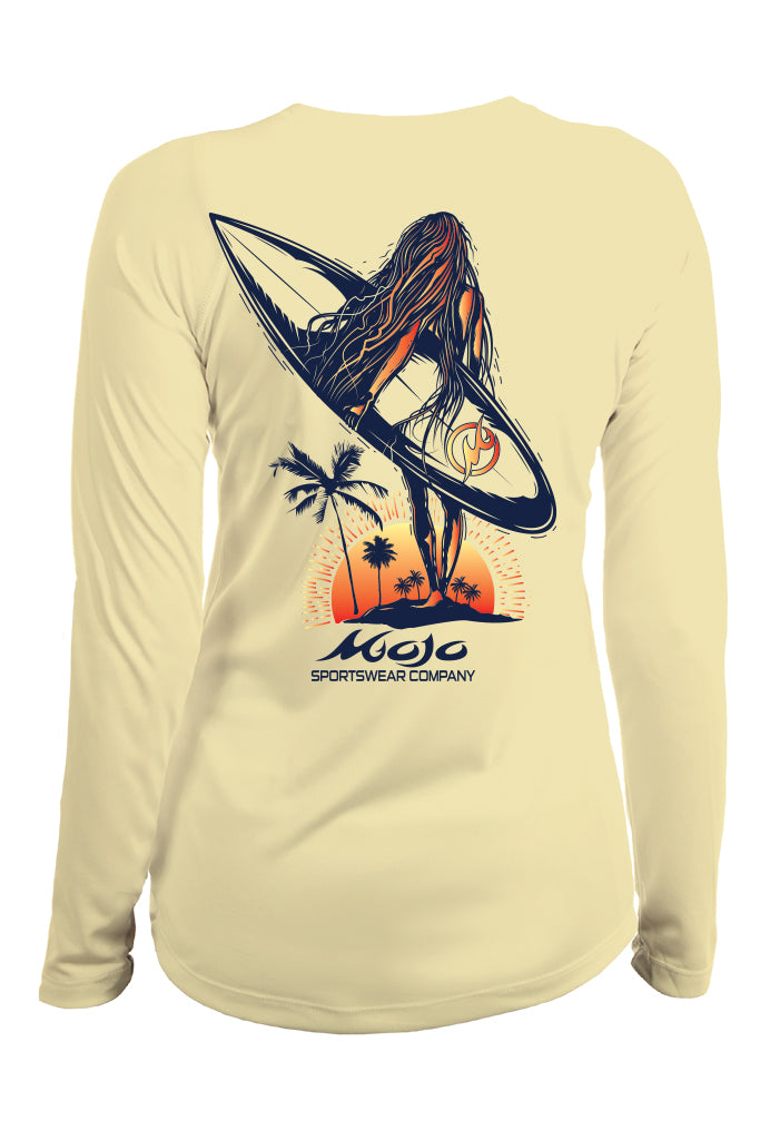 A yellow long-sleeved performance shirt with a graphic print of a surfer and palm trees on the back.