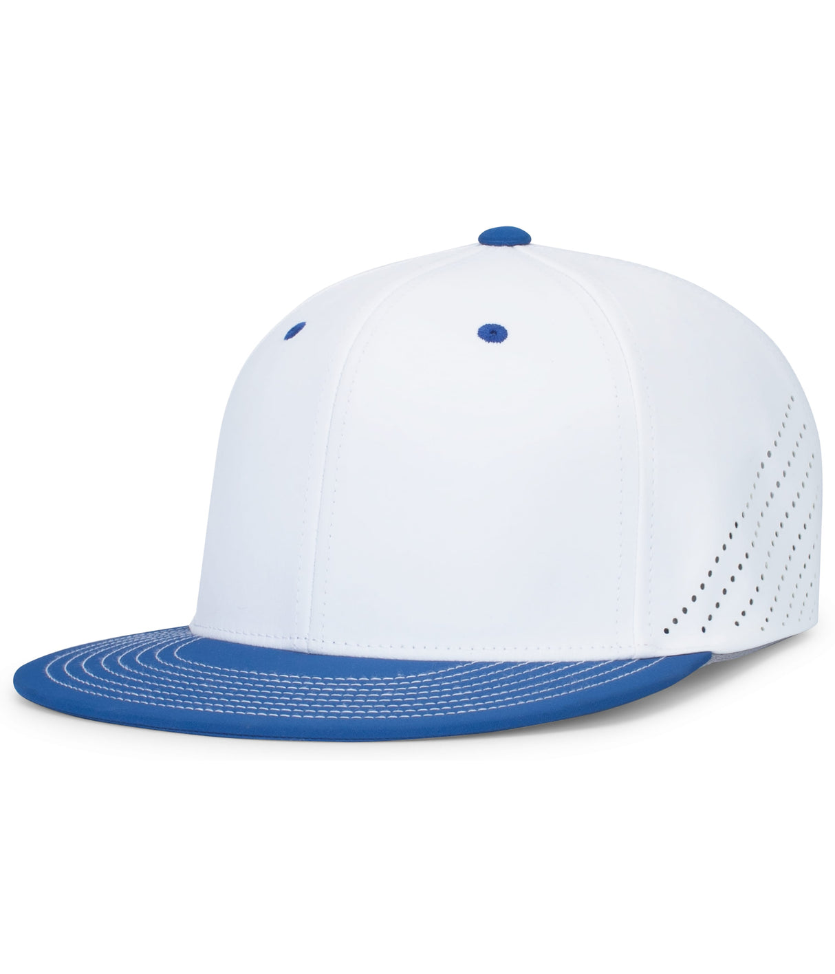 A white and royal Pacific Headwear baseball cap with a flat round bill and perforated side panels.