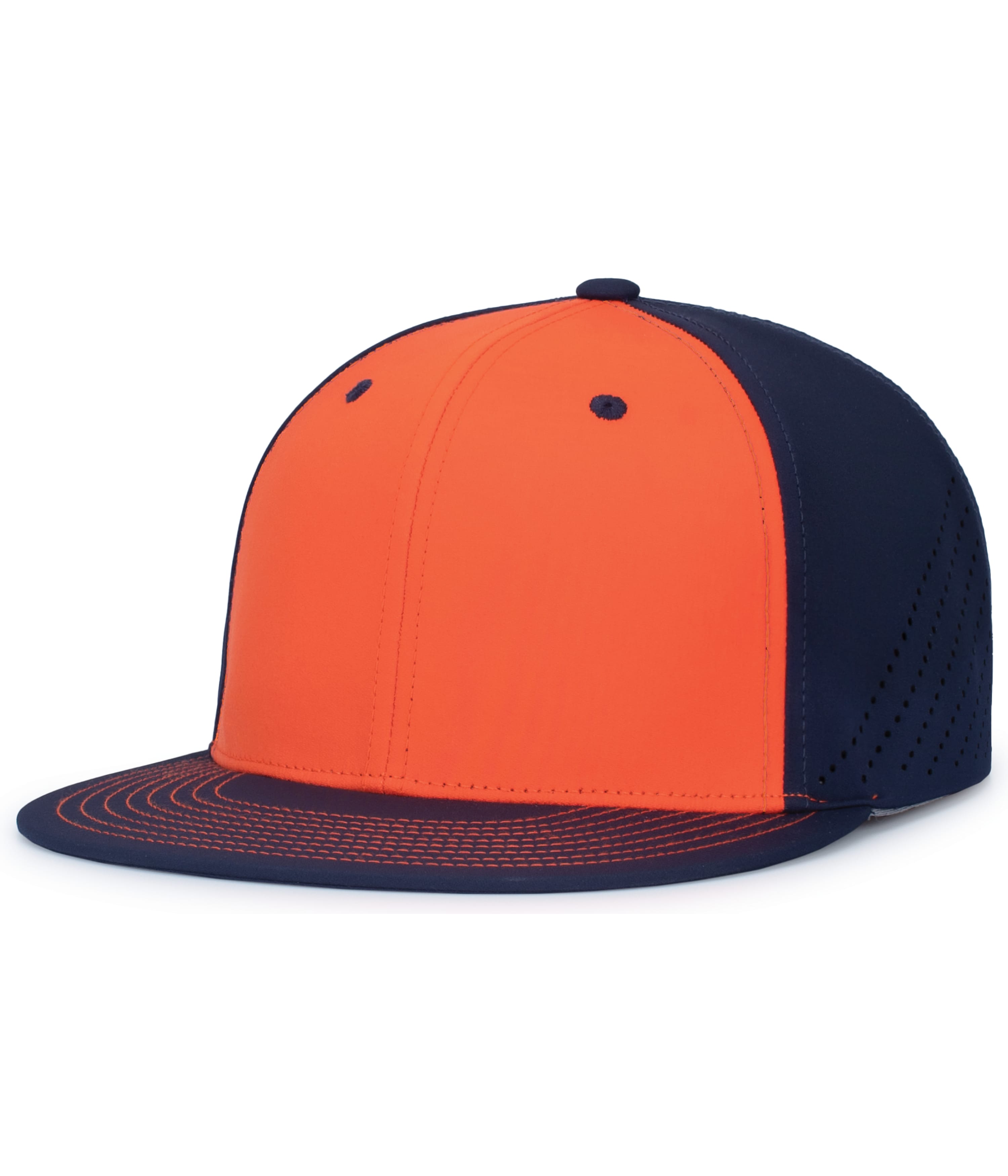 A orange and navy Pacific Headwear baseball cap with a flat round bill and perforated side panels.
