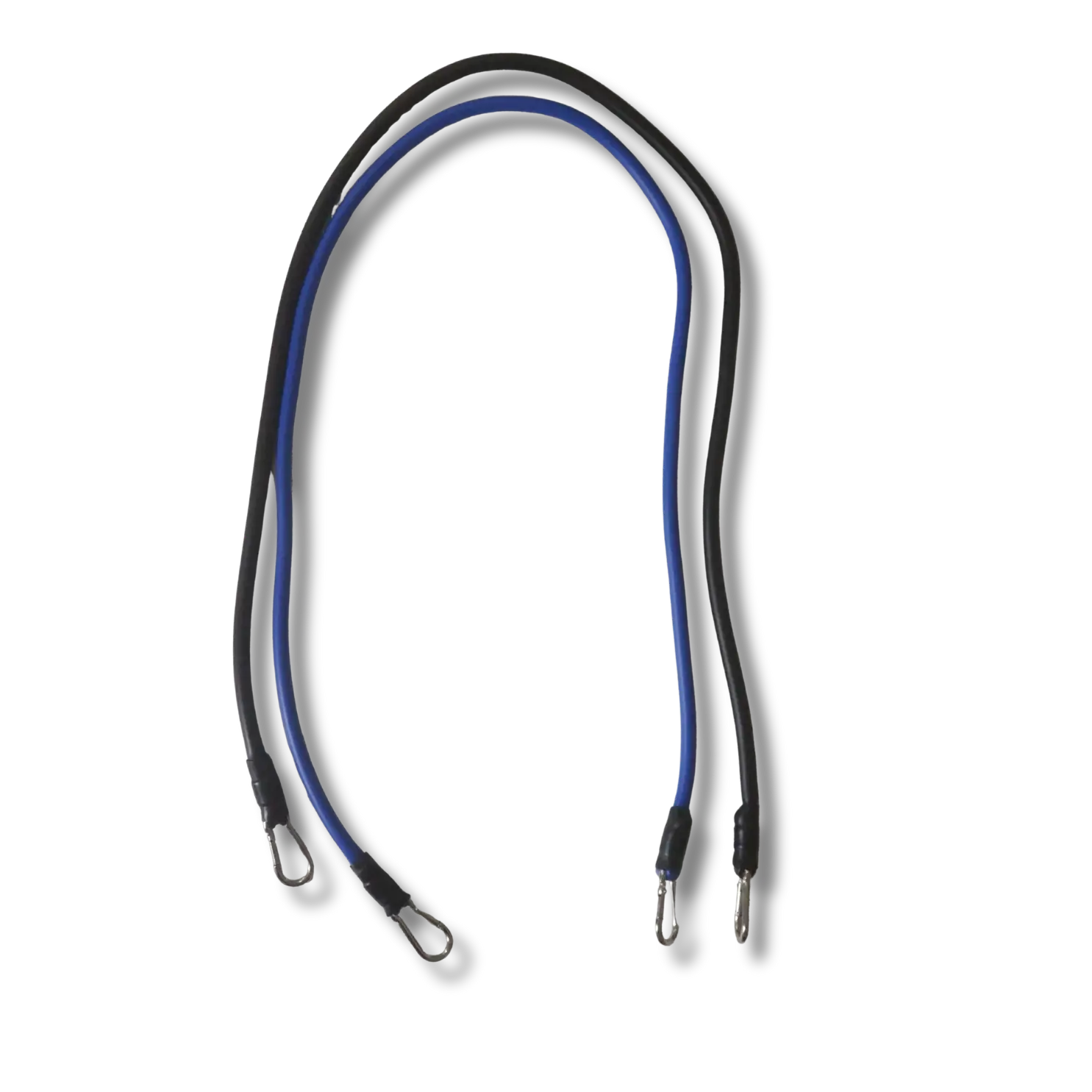 Two braided lanyards, one black and blue, the other black and white, on a white background.