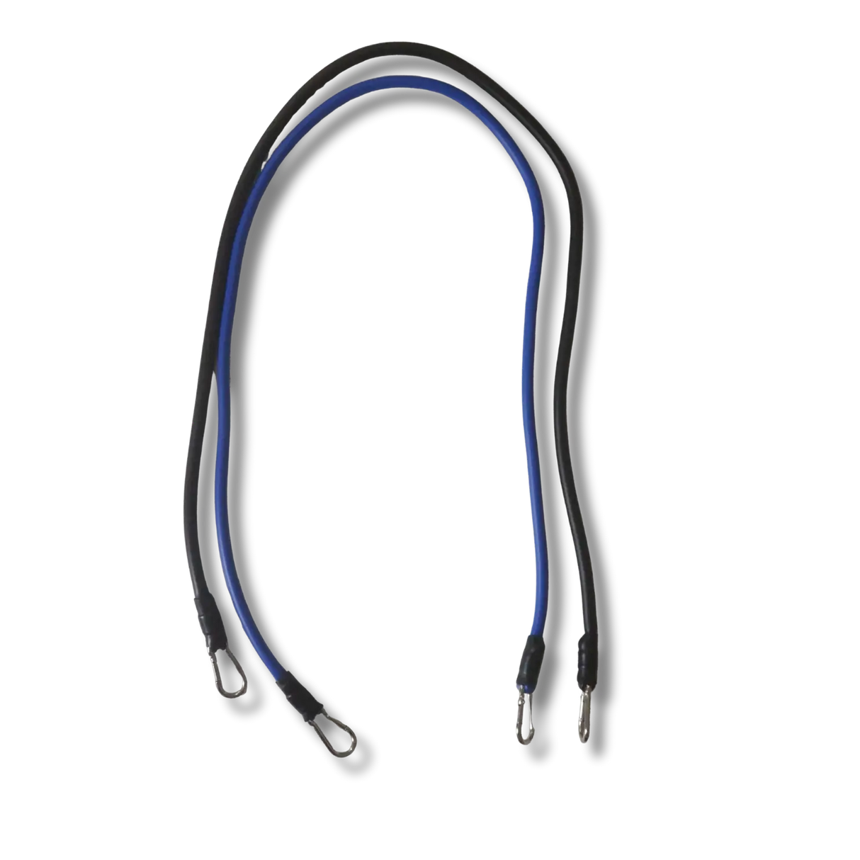 Two braided lanyards, one black and blue, the other black and white, on a white background.