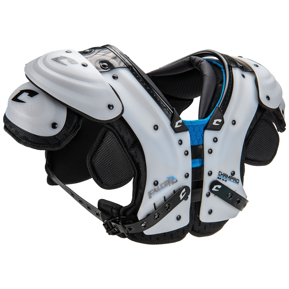White and black shoulder pad with blue accents on a white background