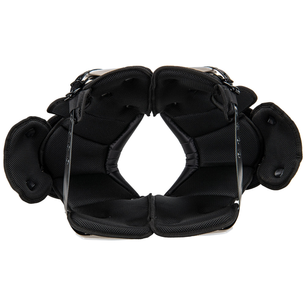 Black protective gear with multiple straps on a white background