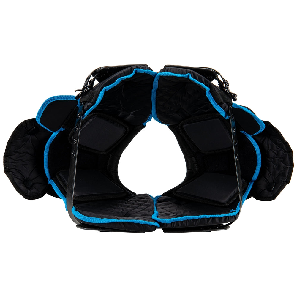 Black protective gear with blue accents on a white background