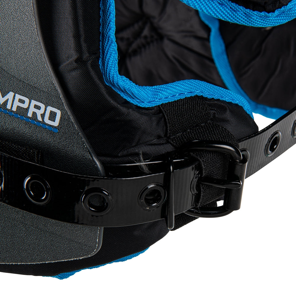 Close-up of a black and blue protective gear with a visible brand logo on a white background