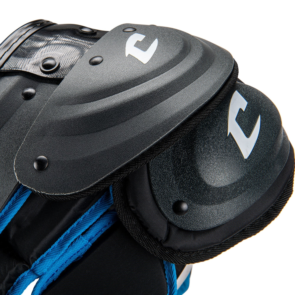 Black shoulder pads with a brand logo on a white background