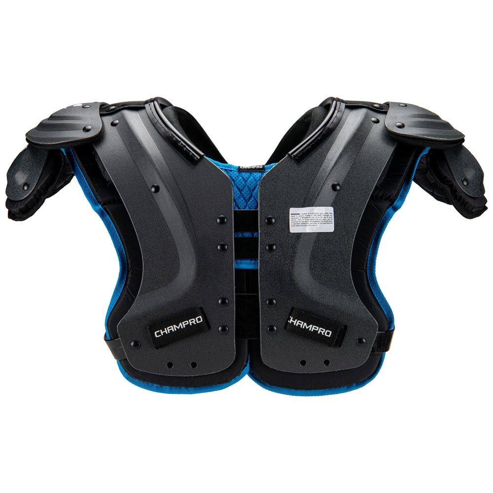 Black and blue shoulder pads with 'Champro' branding on a white background