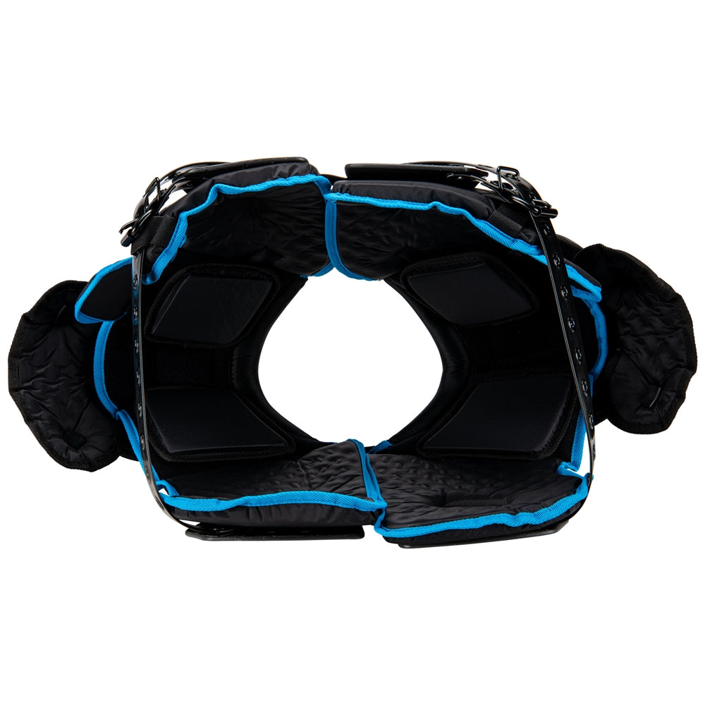 Black protective gear with blue accents on a white background