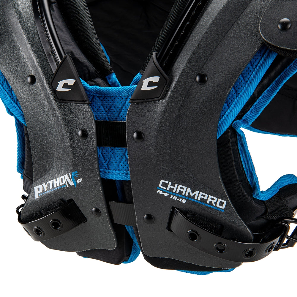 Close-up of a black and blue Champro shoulder pad with Python branding.