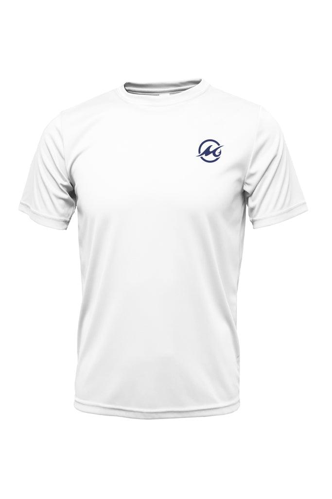 A short-sleeved white polyester shirt with a graphic of an American flag and fish patterns on the back.