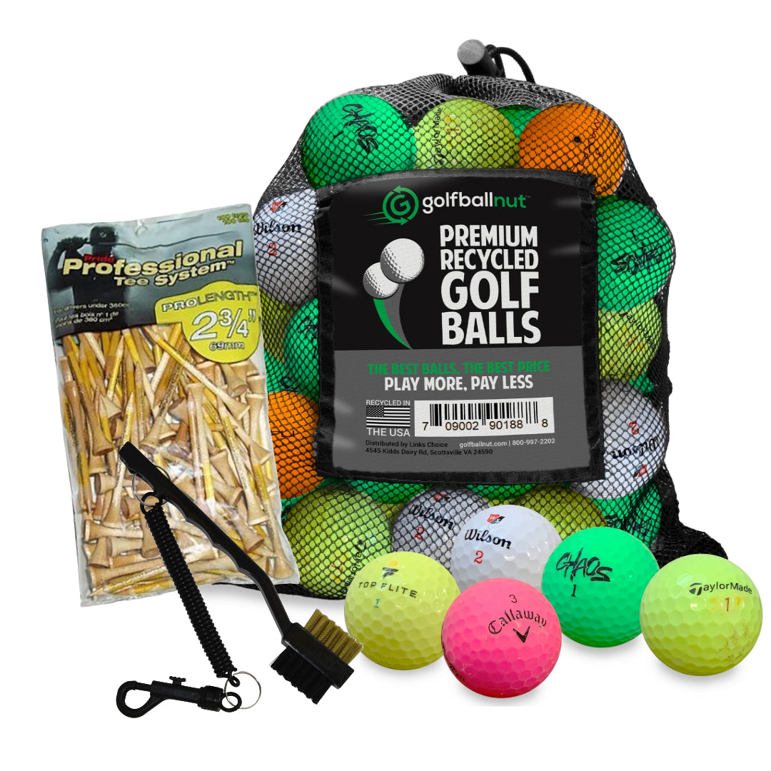 Used Golf Ball Starter Bundle - Assorted Models | Includes 100 Pride Professional Wooden Tees, Ball Brush and Reusable Mesh Bag - 24 Count