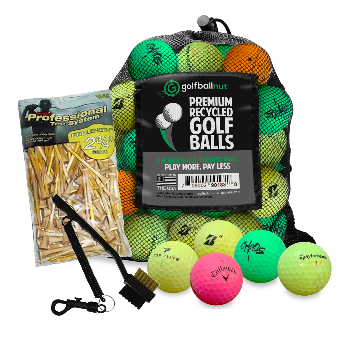 Used Golf Ball Starter Bundle - Assorted Models | Includes 100 Pride Professional Wooden Tees, Ball Brush and Reusable Mesh Bag - 24 Count