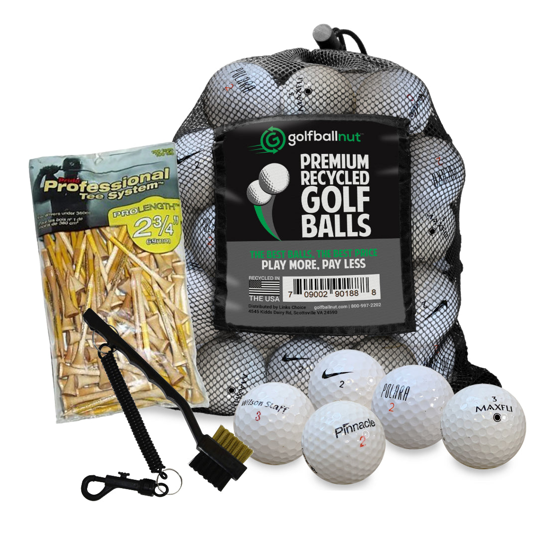 Used Golf Ball Starter Bundle - Assorted Models | Includes 100 Pride Professional Wooden Tees, Ball Brush and Reusable Mesh Bag - 24 Count