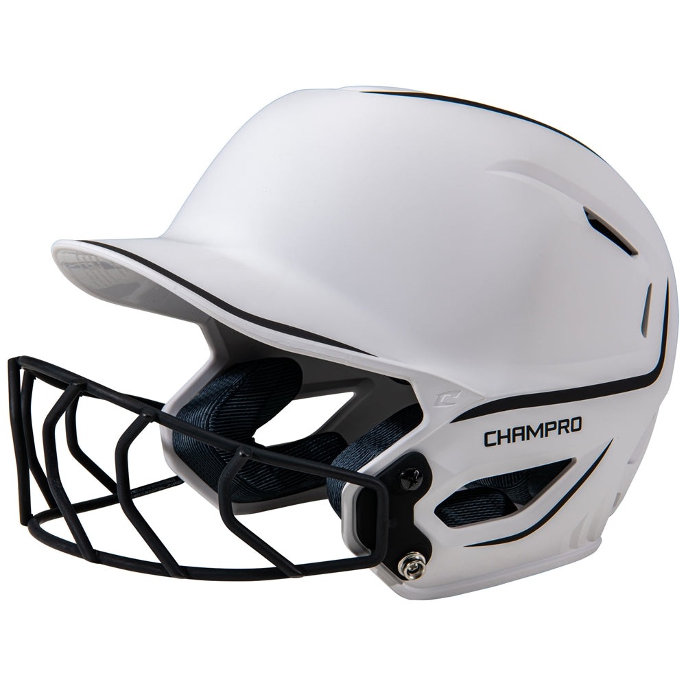 White softball helmet with black face mask on a white background