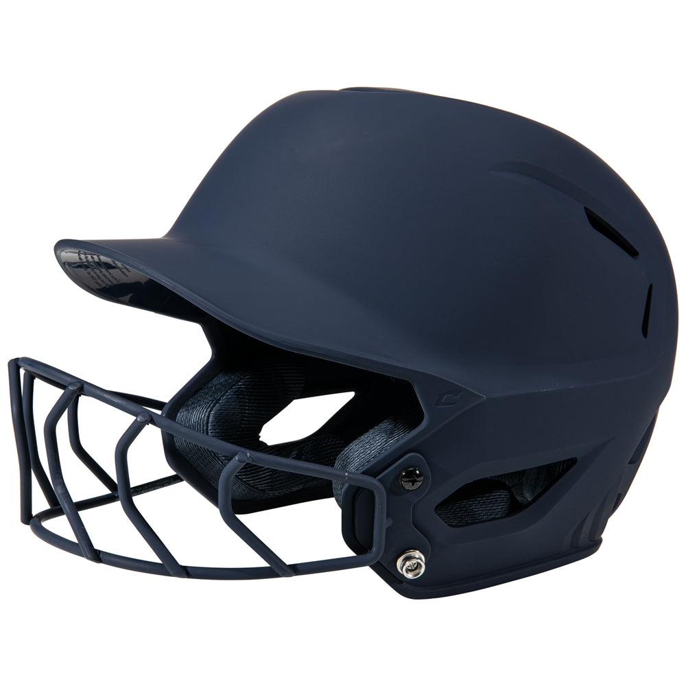 Navy blue softball helmet with face guard on a white background