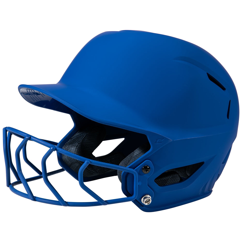 Blue softball helmet with face guard on a white background