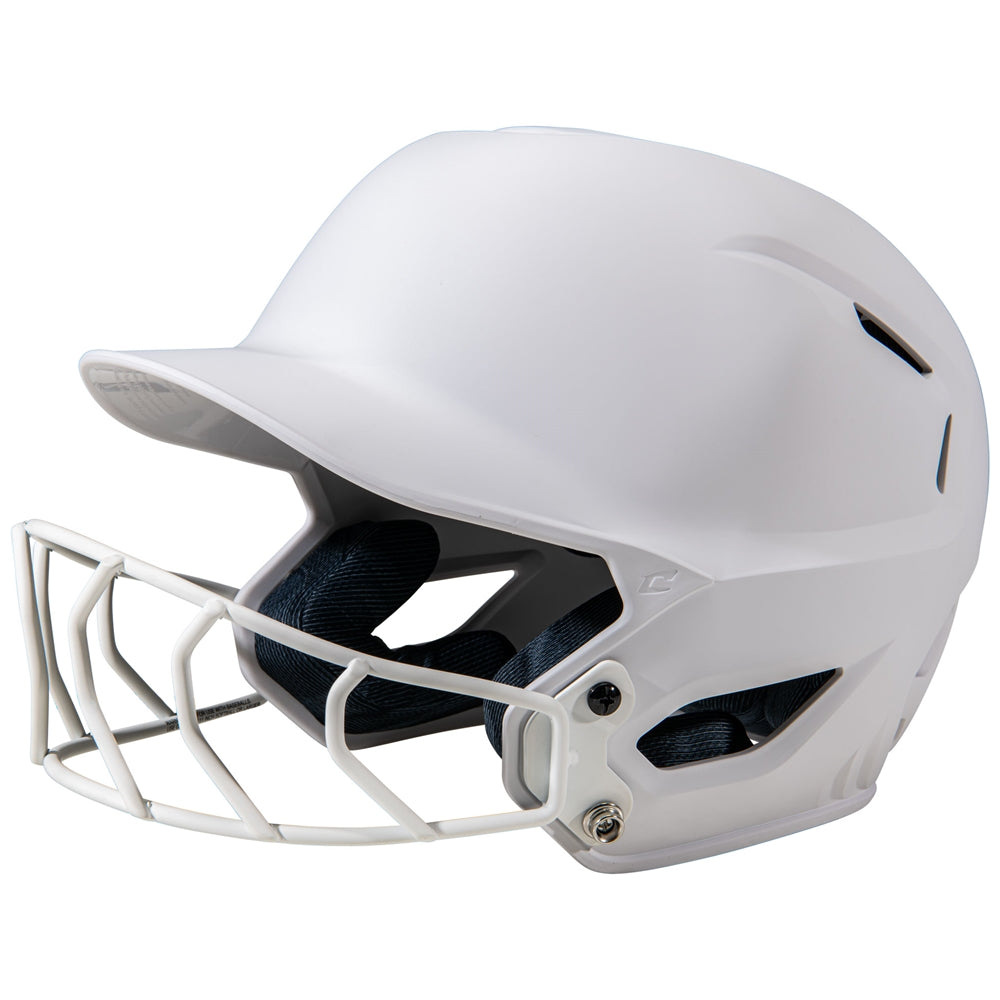 White softball helmet with face guard on a white background