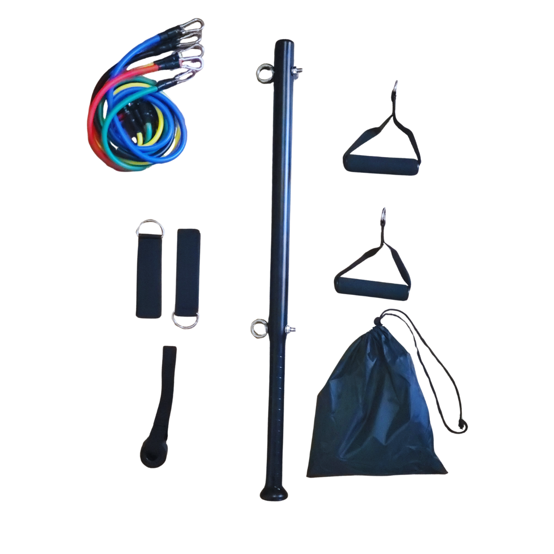 Collection of fitness equipment including resistance bands, poles, and bags on a white background