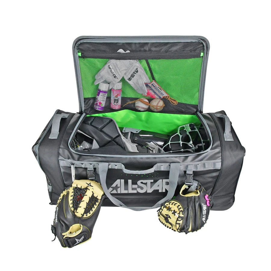 Gray sports bag with various equipment on a white background