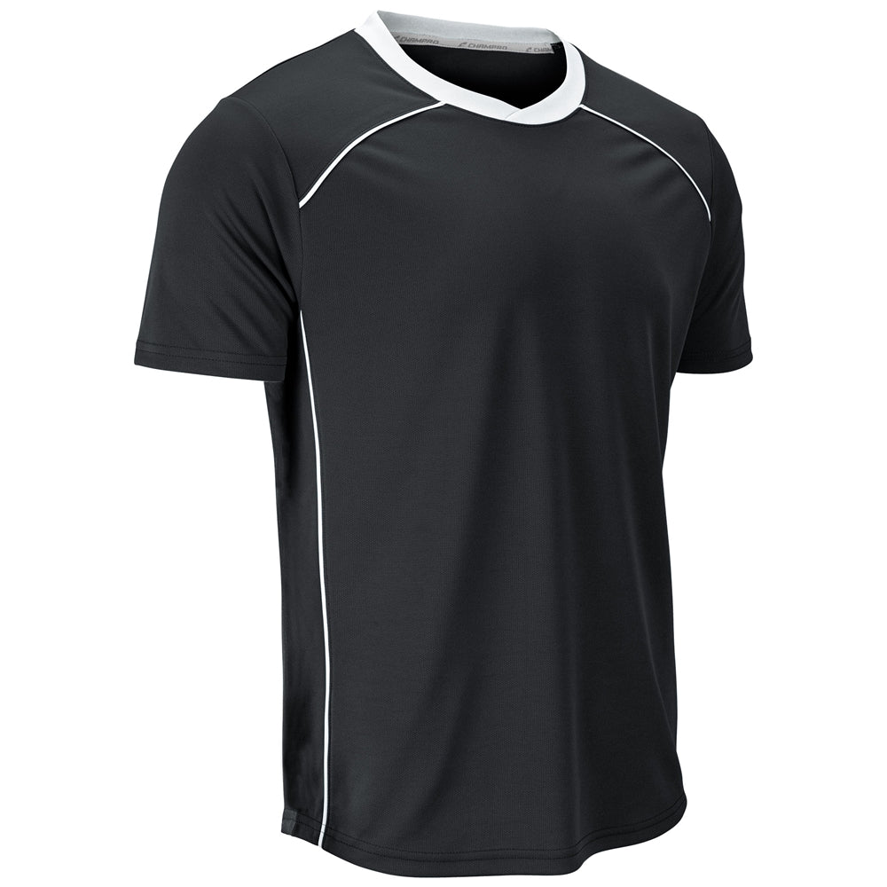 A black short-sleeve athletic t-shirt with white contrast trim along the crew neck, shoulder seams, and side panels, shown on a plain white background.