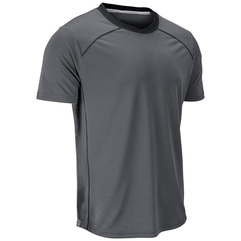 A dark gray athletic short-sleeve t-shirt with a black crew neck collar, shown on a solid white background.