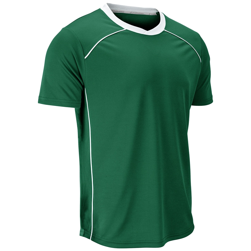 A green short-sleeve athletic t-shirt with a white v-neck collar and white piping details, shown on a plain white background.